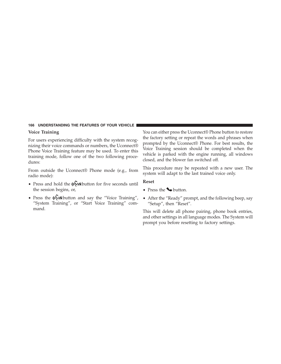 Voice training, Reset | Dodge 2013 Grand_Caravan - Owner Manual User Manual | Page 168 / 683