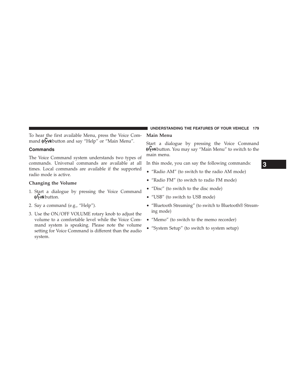 Commands, Changing the volume, Main menu | Dodge 2013 Grand_Caravan - Owner Manual User Manual | Page 181 / 683