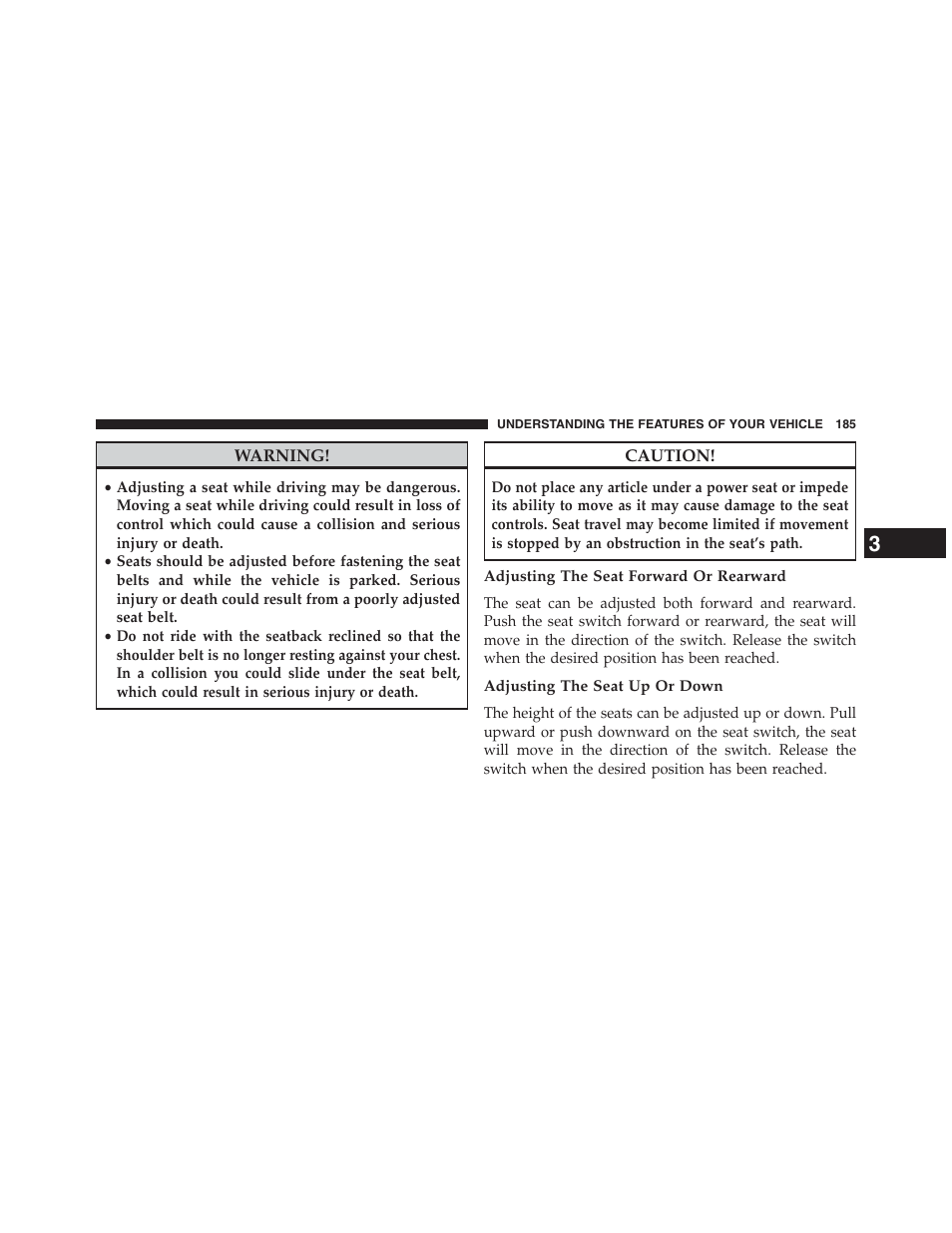 Adjusting the seat forward or rearward, Adjusting the seat up or down | Dodge 2013 Grand_Caravan - Owner Manual User Manual | Page 187 / 683