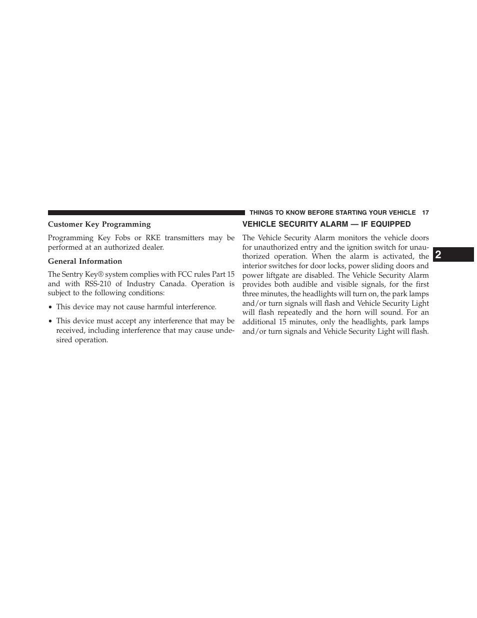 Customer key programming, General information, Vehicle security alarm — if equipped | Vehicle security alarm — if, Equipped | Dodge 2013 Grand_Caravan - Owner Manual User Manual | Page 19 / 683