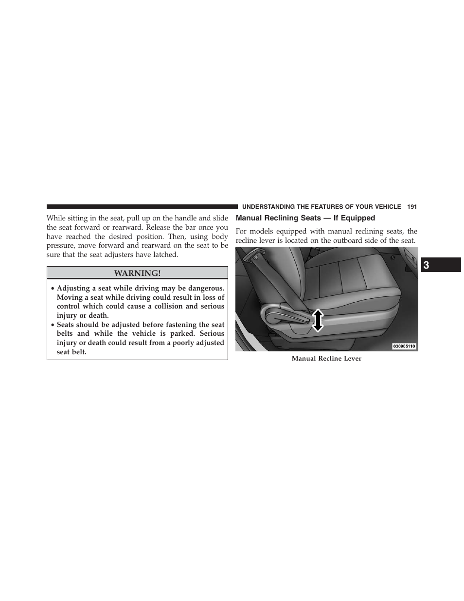 Manual reclining seats — if equipped | Dodge 2013 Grand_Caravan - Owner Manual User Manual | Page 193 / 683