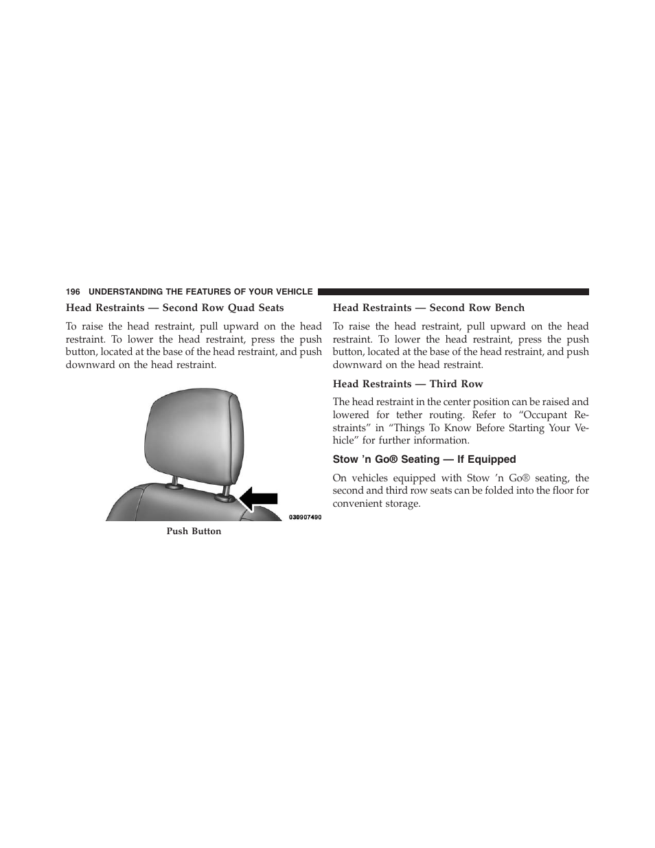 Head restraints — second row quad seats, Head restraints — second row bench, Head restraints — third row | Stow 'n go® seating — if equipped, Stow ’n go® seating — if equipped | Dodge 2013 Grand_Caravan - Owner Manual User Manual | Page 198 / 683