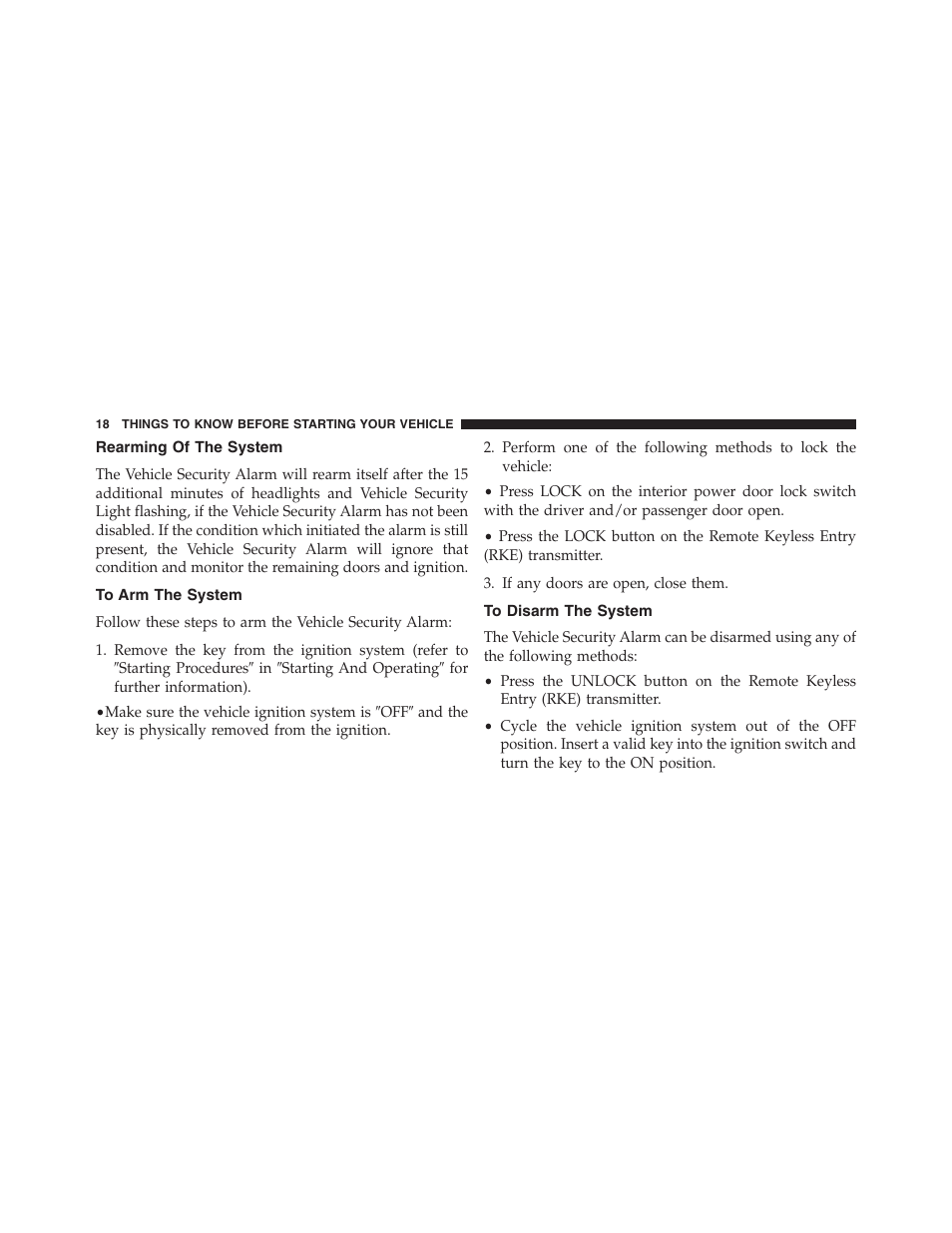 Rearming of the system, To arm the system, To disarm the system | Dodge 2013 Grand_Caravan - Owner Manual User Manual | Page 20 / 683