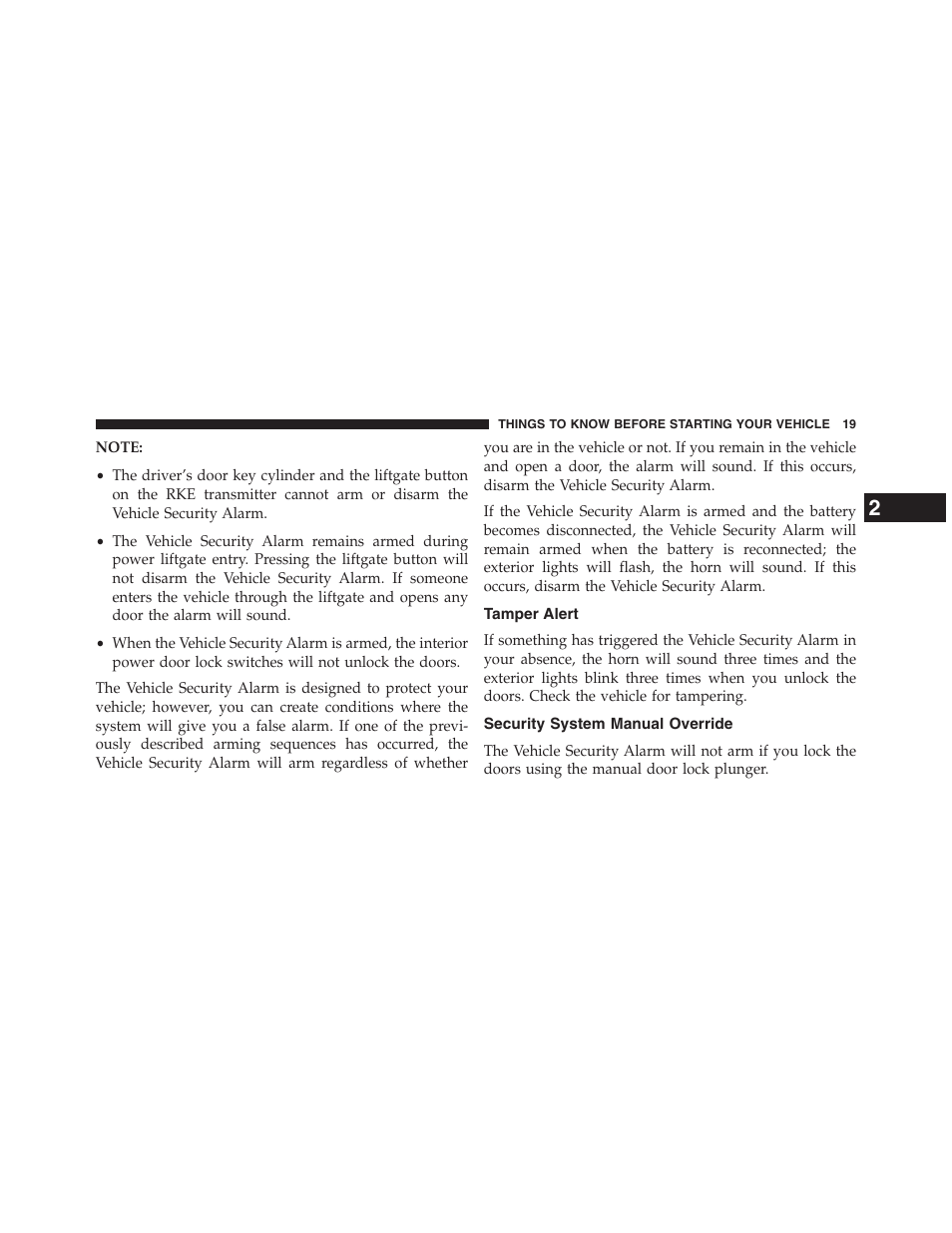 Tamper alert, Security system manual override | Dodge 2013 Grand_Caravan - Owner Manual User Manual | Page 21 / 683