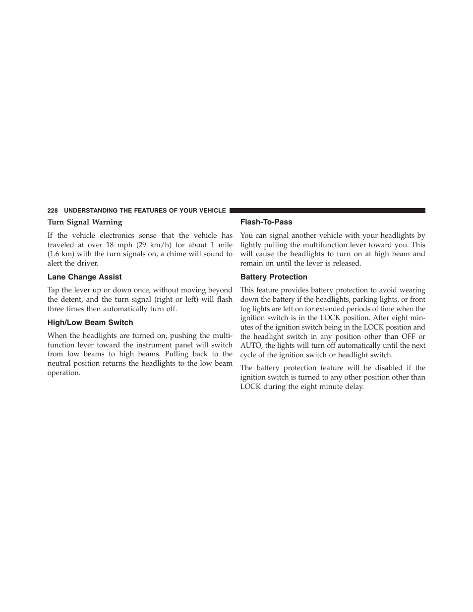 Turn signal warning, Lane change assist, High/low beam switch | Flash-to-pass, Battery protection | Dodge 2013 Grand_Caravan - Owner Manual User Manual | Page 230 / 683