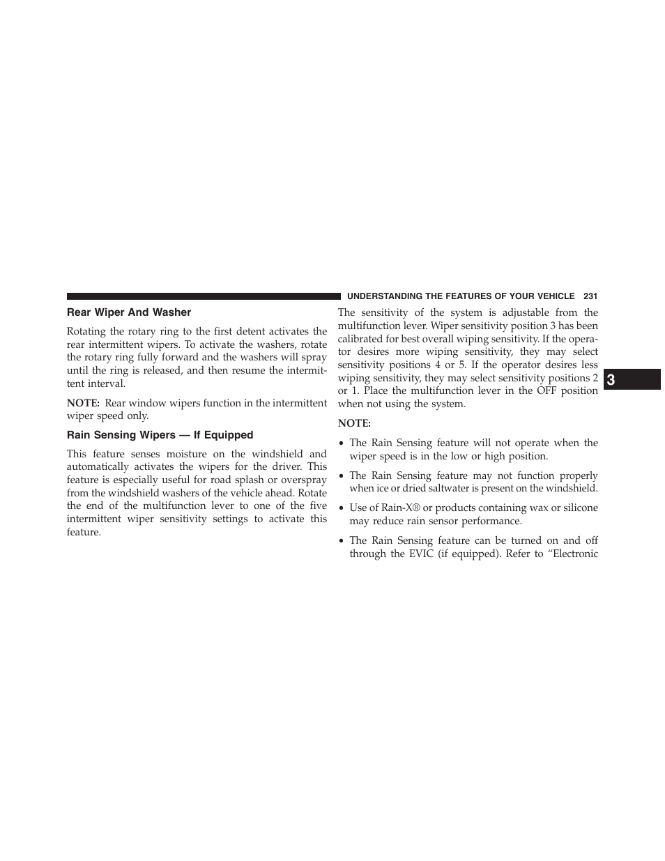 Rear wiper and washer, Rain sensing wipers — if equipped | Dodge 2013 Grand_Caravan - Owner Manual User Manual | Page 233 / 683