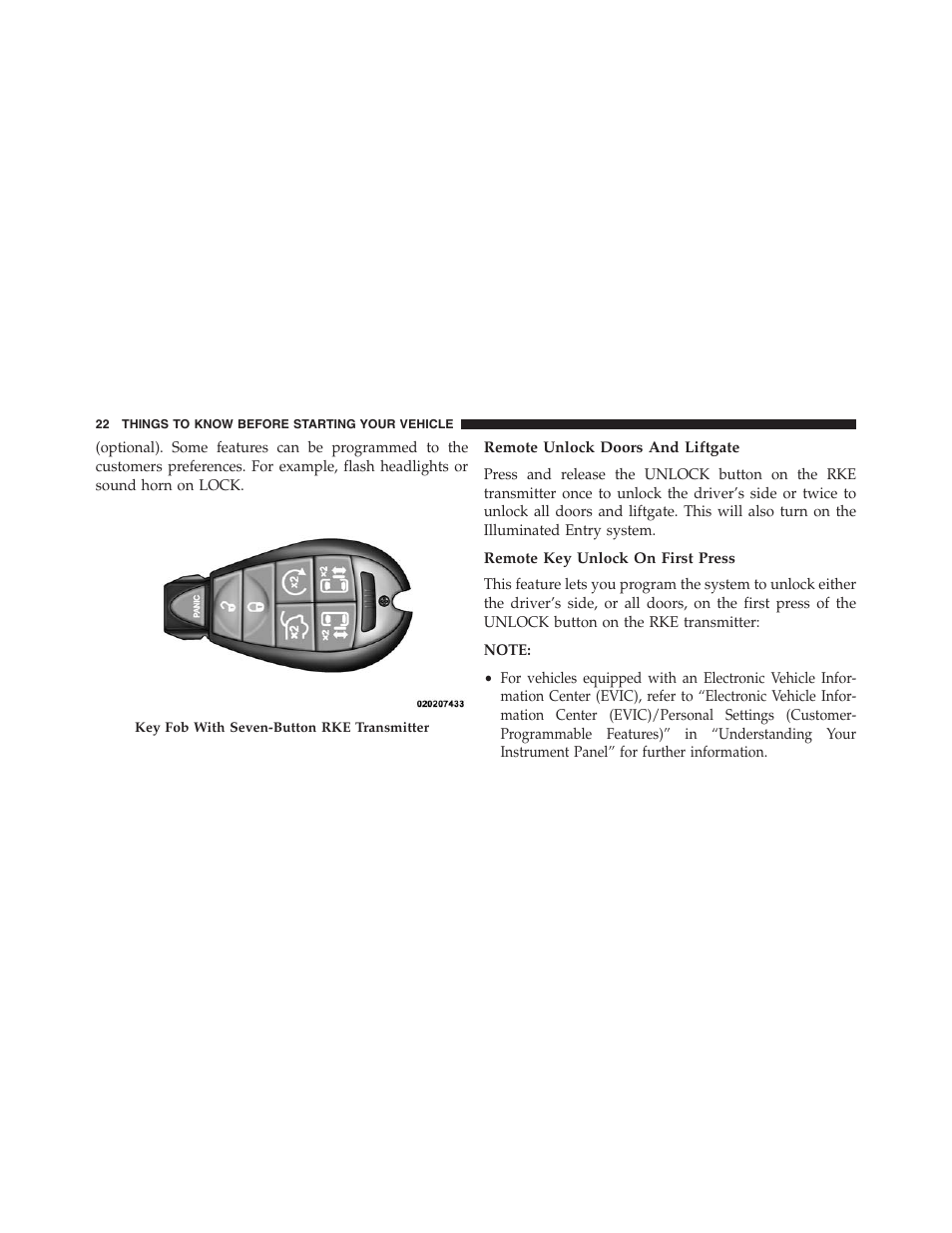 Remote unlock doors and liftgate, Remote key unlock on first press | Dodge 2013 Grand_Caravan - Owner Manual User Manual | Page 24 / 683