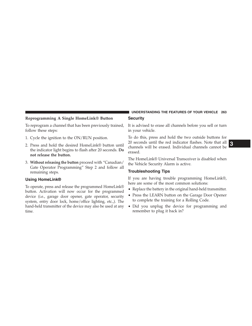 Reprogramming a single homelink® button, Using homelink, Security | Troubleshooting tips | Dodge 2013 Grand_Caravan - Owner Manual User Manual | Page 265 / 683