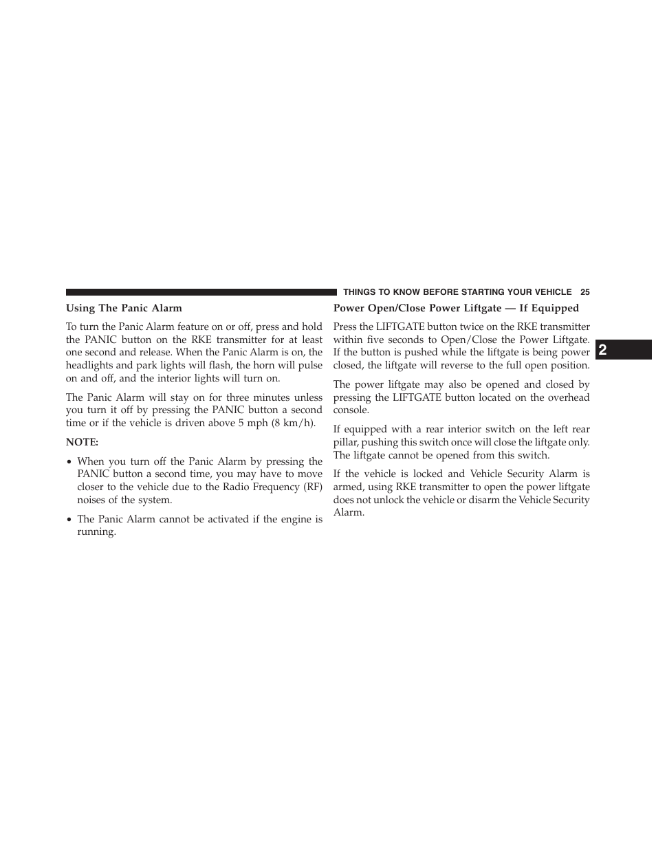 Using the panic alarm, Power open/close power liftgate — if equipped | Dodge 2013 Grand_Caravan - Owner Manual User Manual | Page 27 / 683