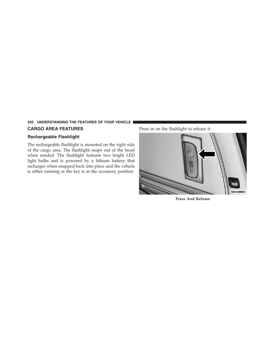 Cargo area features, Rechargeable flashlight | Dodge 2013 Grand_Caravan - Owner Manual User Manual | Page 294 / 683