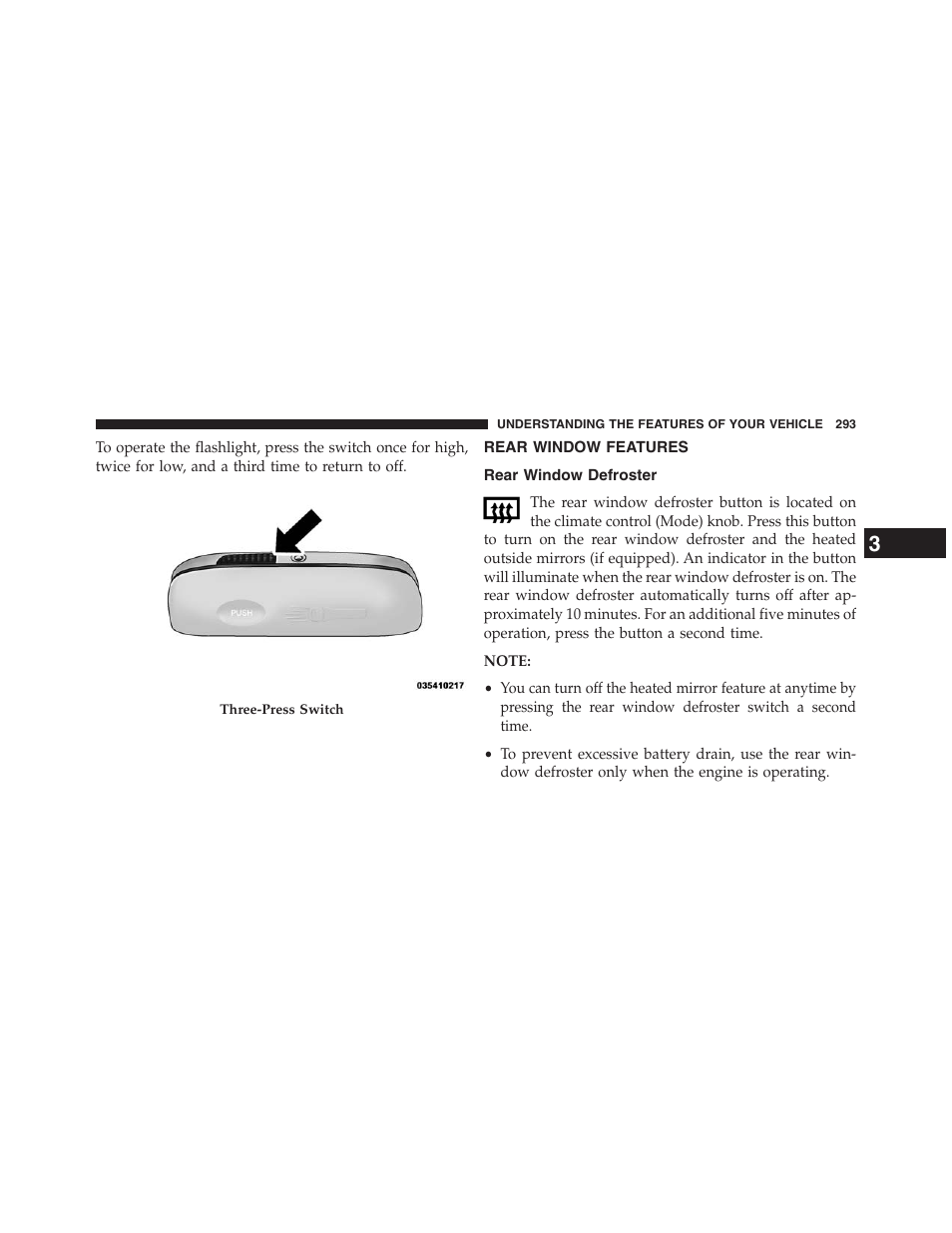 Rear window features, Rear window defroster | Dodge 2013 Grand_Caravan - Owner Manual User Manual | Page 295 / 683