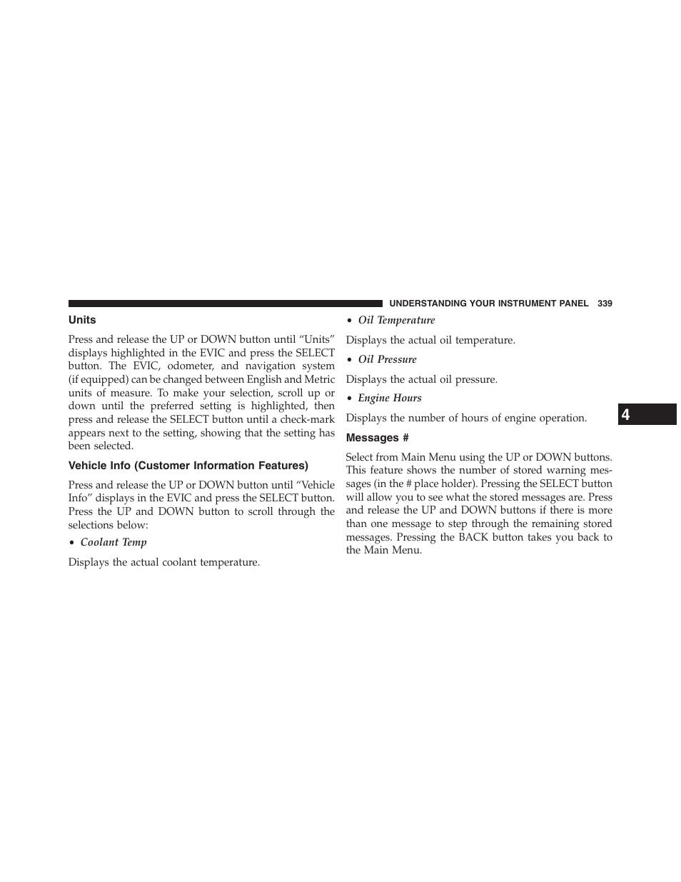 Units, Vehicle info (customer information features), Messages | Dodge 2013 Grand_Caravan - Owner Manual User Manual | Page 341 / 683