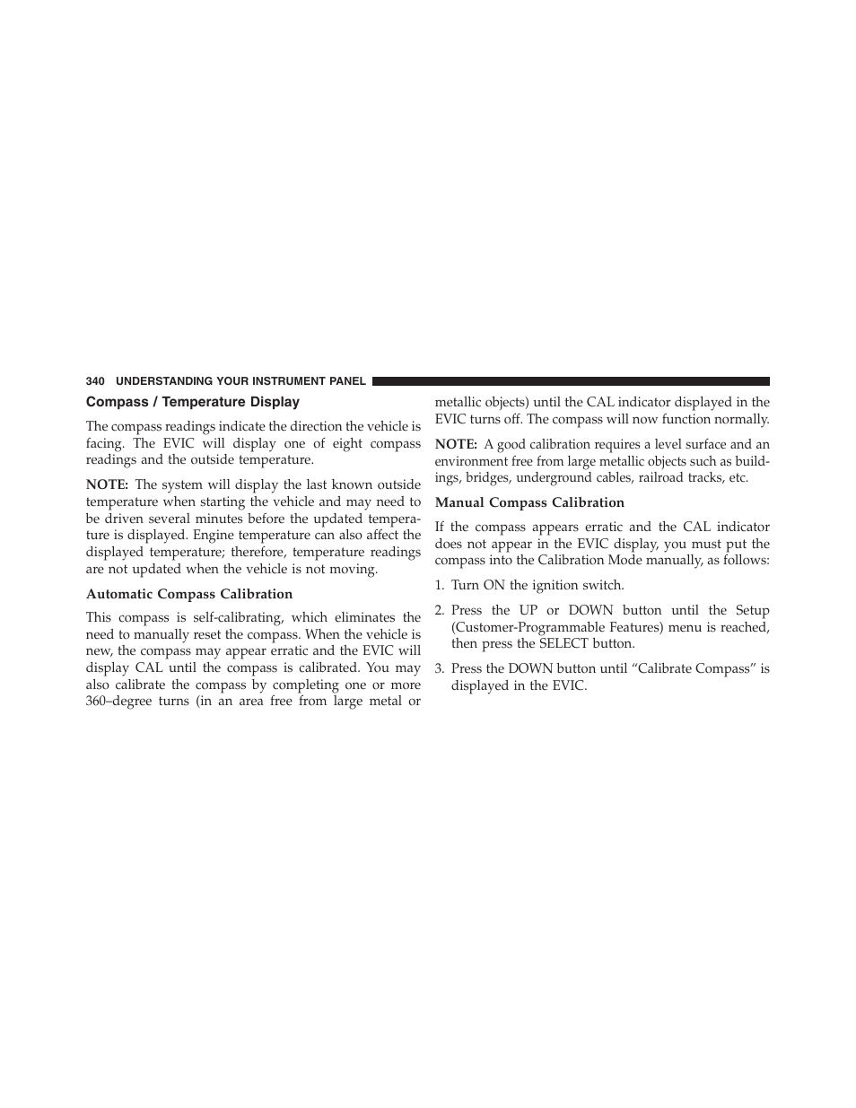 Compass / temperature display, Automatic compass calibration, Manual compass calibration | Dodge 2013 Grand_Caravan - Owner Manual User Manual | Page 342 / 683