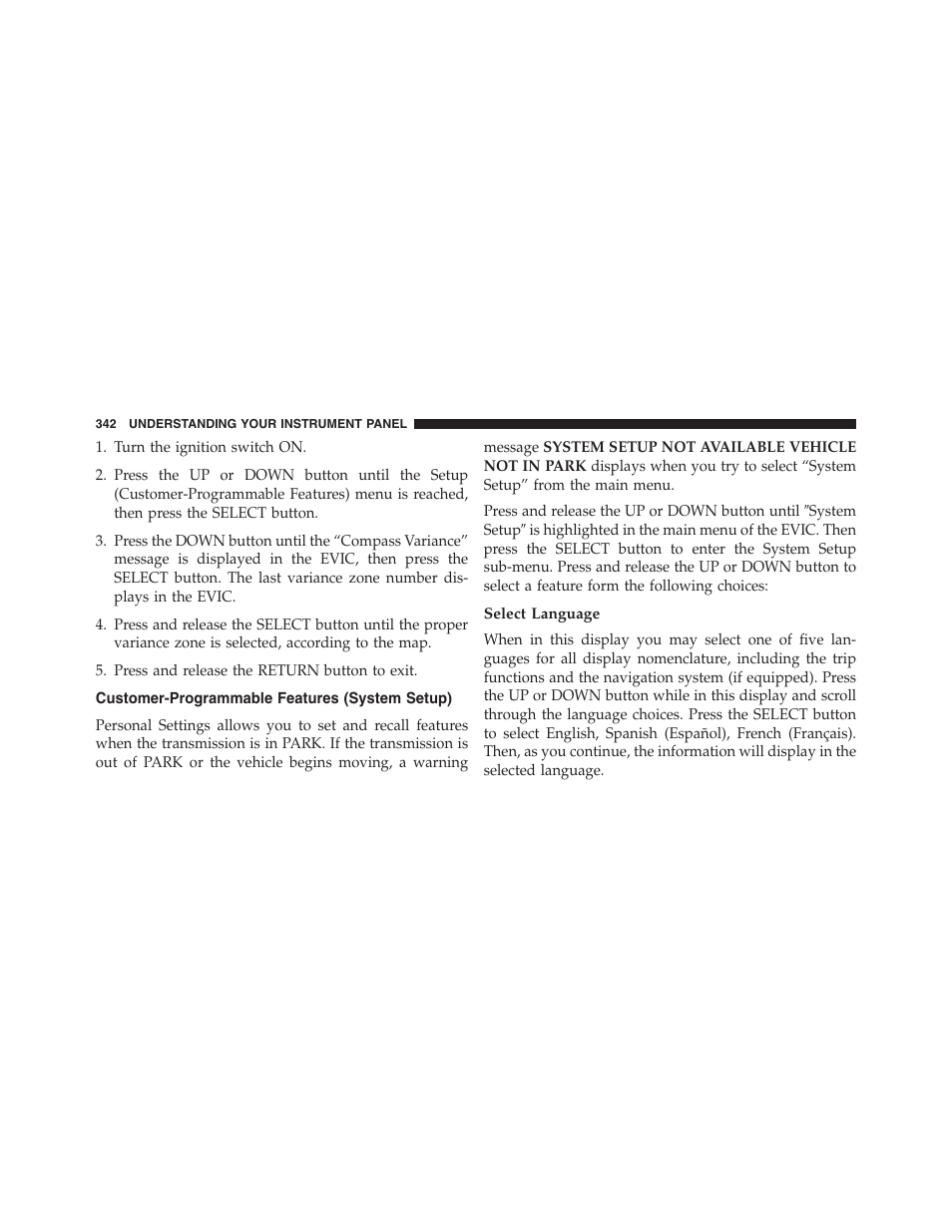 Customer-programmable features (system setup), Select language, Customer-programmable features | System setup) | Dodge 2013 Grand_Caravan - Owner Manual User Manual | Page 344 / 683