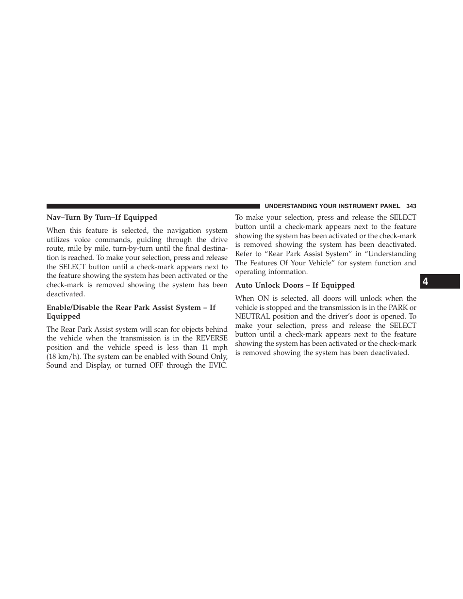 Nav–turn by turn–if equipped, Auto unlock doors – if equipped | Dodge 2013 Grand_Caravan - Owner Manual User Manual | Page 345 / 683