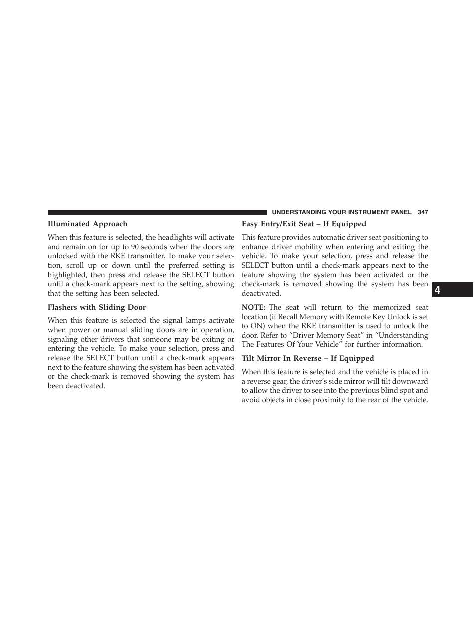 Illuminated approach, Flashers with sliding door, Easy entry/exit seat – if equipped | Tilt mirror in reverse – if equipped | Dodge 2013 Grand_Caravan - Owner Manual User Manual | Page 349 / 683