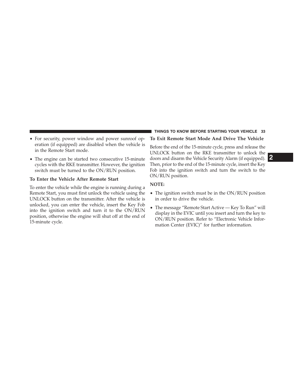 To enter the vehicle after remote start, To exit remote start mode and drive the vehicle | Dodge 2013 Grand_Caravan - Owner Manual User Manual | Page 35 / 683