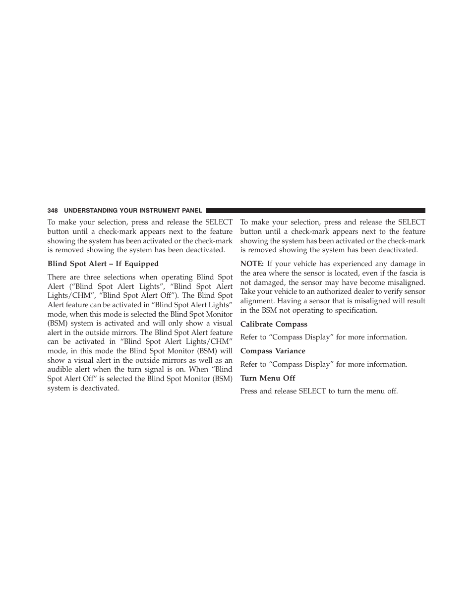 Blind spot alert – if equipped, Calibrate compass, Compass variance | Turn menu off | Dodge 2013 Grand_Caravan - Owner Manual User Manual | Page 350 / 683