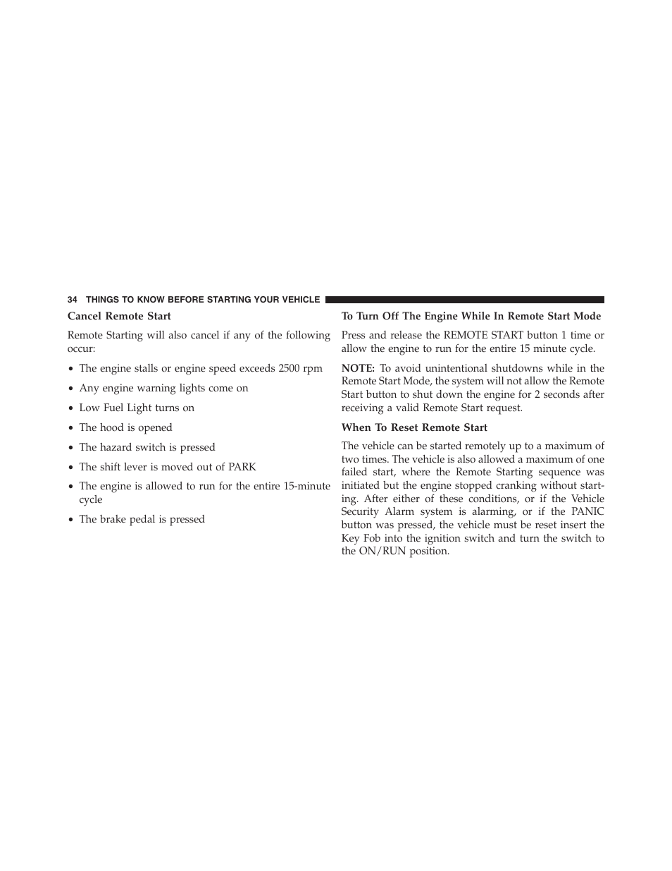 Cancel remote start, To turn off the engine while in remote start mode, When to reset remote start | Dodge 2013 Grand_Caravan - Owner Manual User Manual | Page 36 / 683