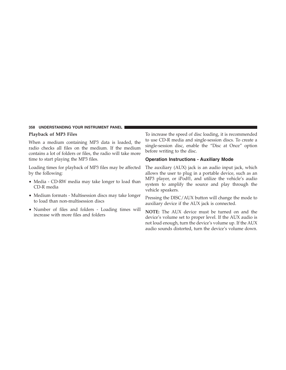 Playback of mp3 files, Operation instructions - auxiliary mode | Dodge 2013 Grand_Caravan - Owner Manual User Manual | Page 360 / 683