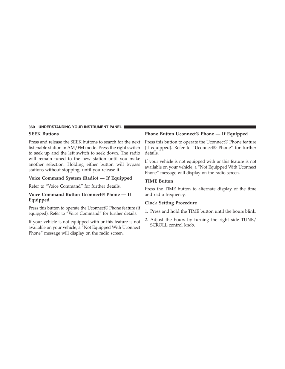 Seek buttons, Voice command system (radio) — if equipped, Voice command button uconnect® phone — if equipped | Phone button uconnect® phone — if equipped, Time button, Clock setting procedure | Dodge 2013 Grand_Caravan - Owner Manual User Manual | Page 362 / 683