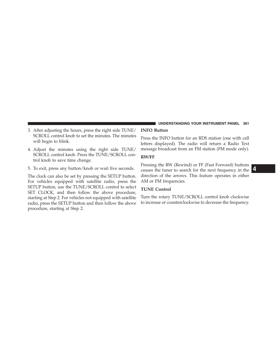 Info button, Rw/ff, Tune control | Dodge 2013 Grand_Caravan - Owner Manual User Manual | Page 363 / 683