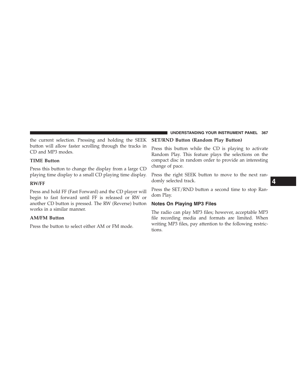 Time button, Rw/ff, Am/fm button | Set/rnd button (random play button), Notes on playing mp3 files | Dodge 2013 Grand_Caravan - Owner Manual User Manual | Page 369 / 683