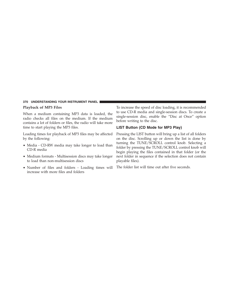 Playback of mp3 files, List button (cd mode for mp3 play) | Dodge 2013 Grand_Caravan - Owner Manual User Manual | Page 372 / 683