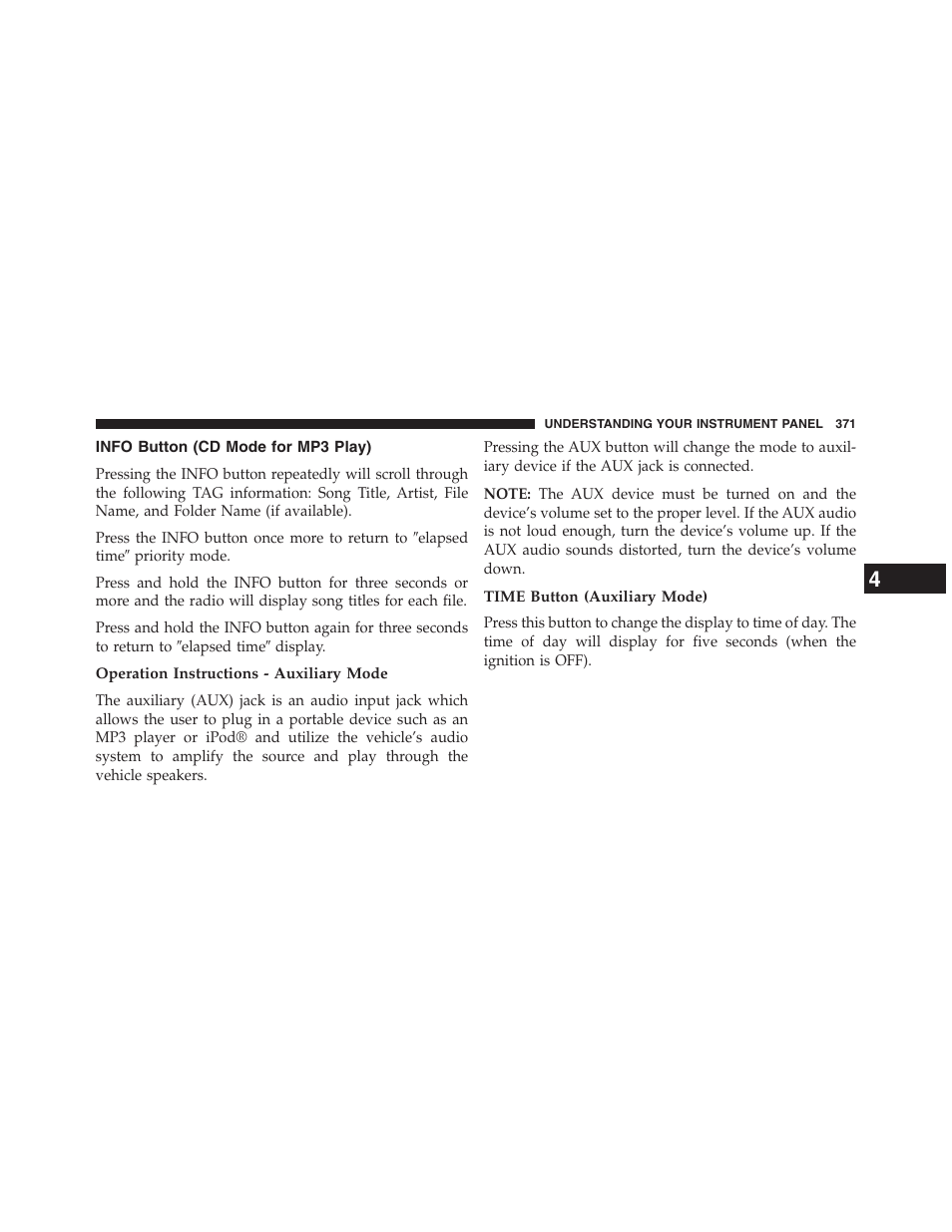 Info button (cd mode for mp3 play), Operation instructions - auxiliary mode, Time button (auxiliary mode) | Dodge 2013 Grand_Caravan - Owner Manual User Manual | Page 373 / 683