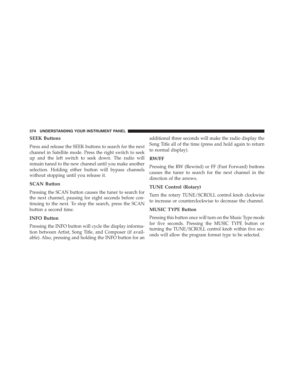 Seek buttons, Scan button, Info button | Rw/ff, Tune control (rotary), Music type button | Dodge 2013 Grand_Caravan - Owner Manual User Manual | Page 376 / 683