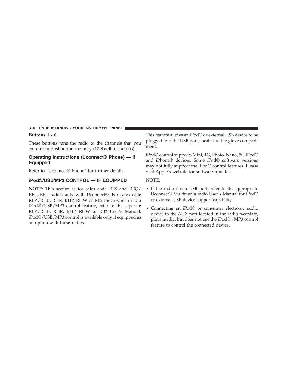 Buttons 1 - 6, Ipod®/usb/mp3 control — if equipped, Operating instructions (uconnect | Phone) — if equipped, Ipod®/usb/mp3 control — if, Equipped | Dodge 2013 Grand_Caravan - Owner Manual User Manual | Page 378 / 683