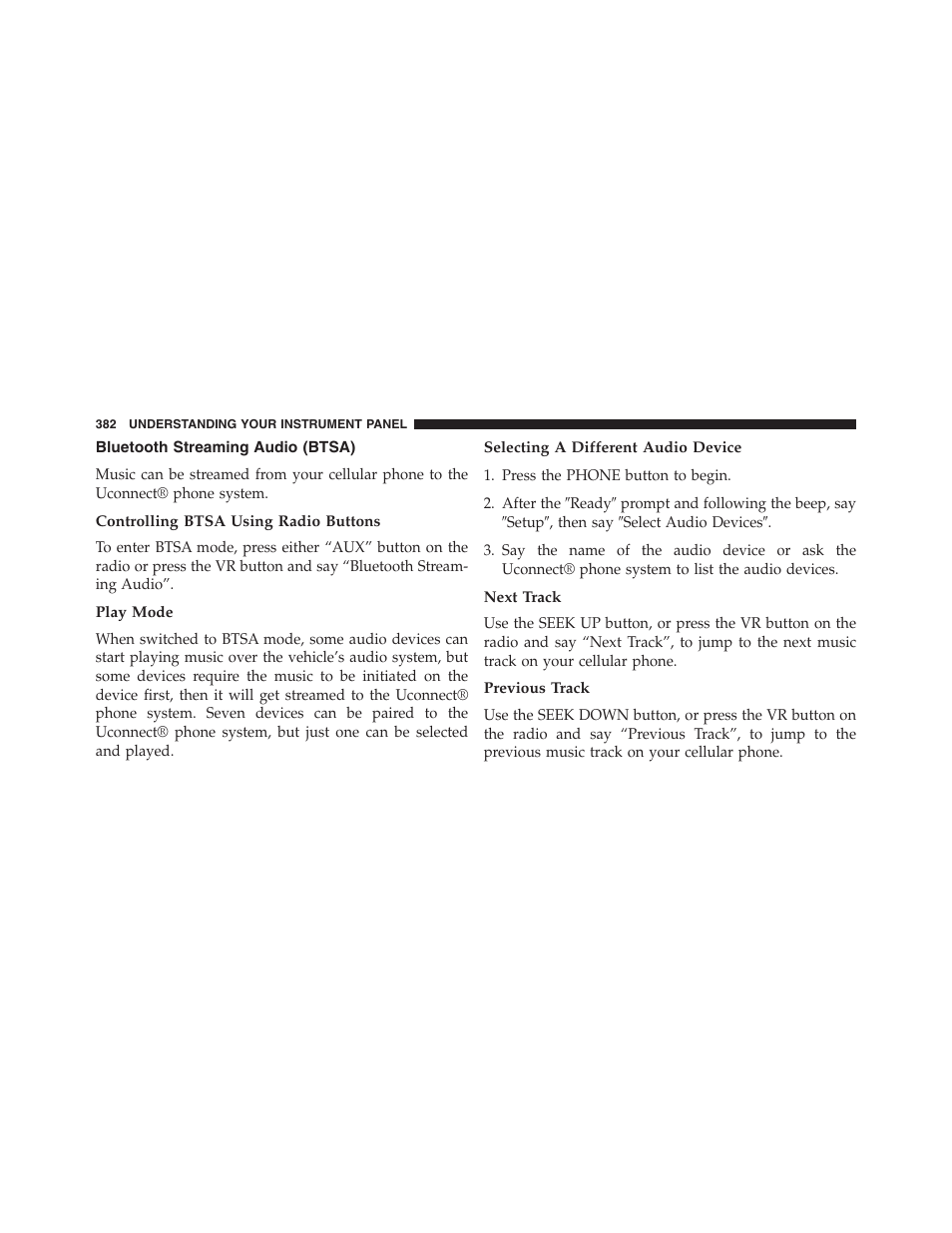 Bluetooth streaming audio (btsa), Controlling btsa using radio buttons, Play mode | Selecting a different audio device, Next track, Previous track | Dodge 2013 Grand_Caravan - Owner Manual User Manual | Page 384 / 683