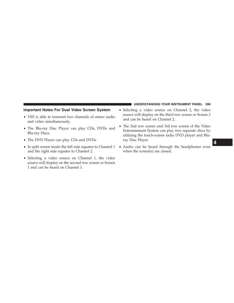 Important notes for dual video screen system, Important notes for dual video screen, System | Dodge 2013 Grand_Caravan - Owner Manual User Manual | Page 401 / 683