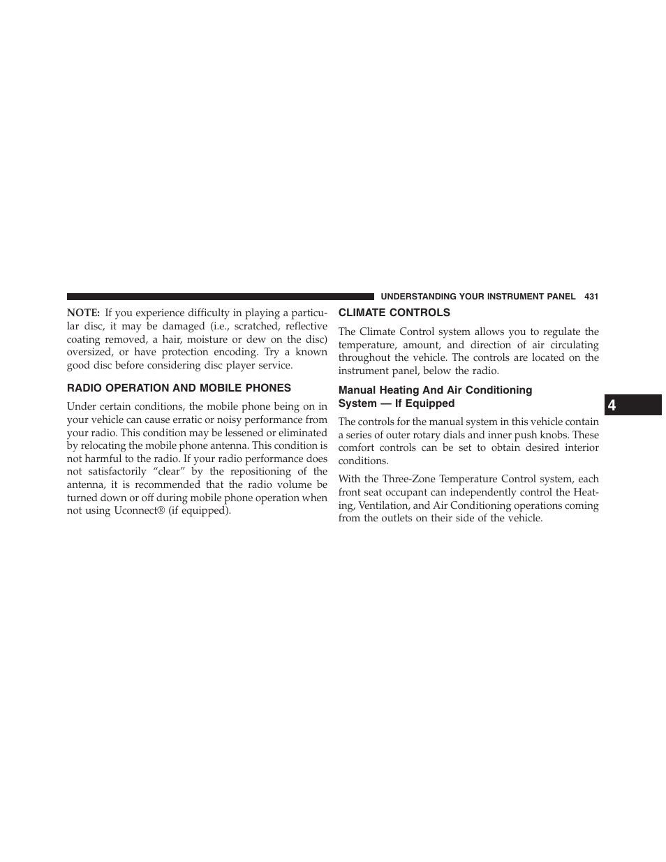 Radio operation and mobile phones, Climate controls, Manual heating and air conditioning | System — if equipped | Dodge 2013 Grand_Caravan - Owner Manual User Manual | Page 433 / 683