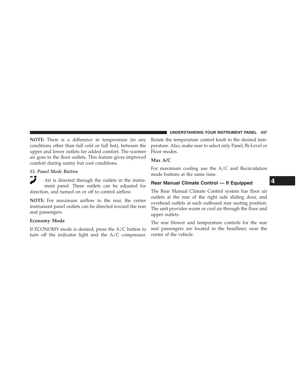 Economy mode, Max a/c, Rear manual climate control — if equipped | Rear manual climate control — if, Equipped | Dodge 2013 Grand_Caravan - Owner Manual User Manual | Page 439 / 683