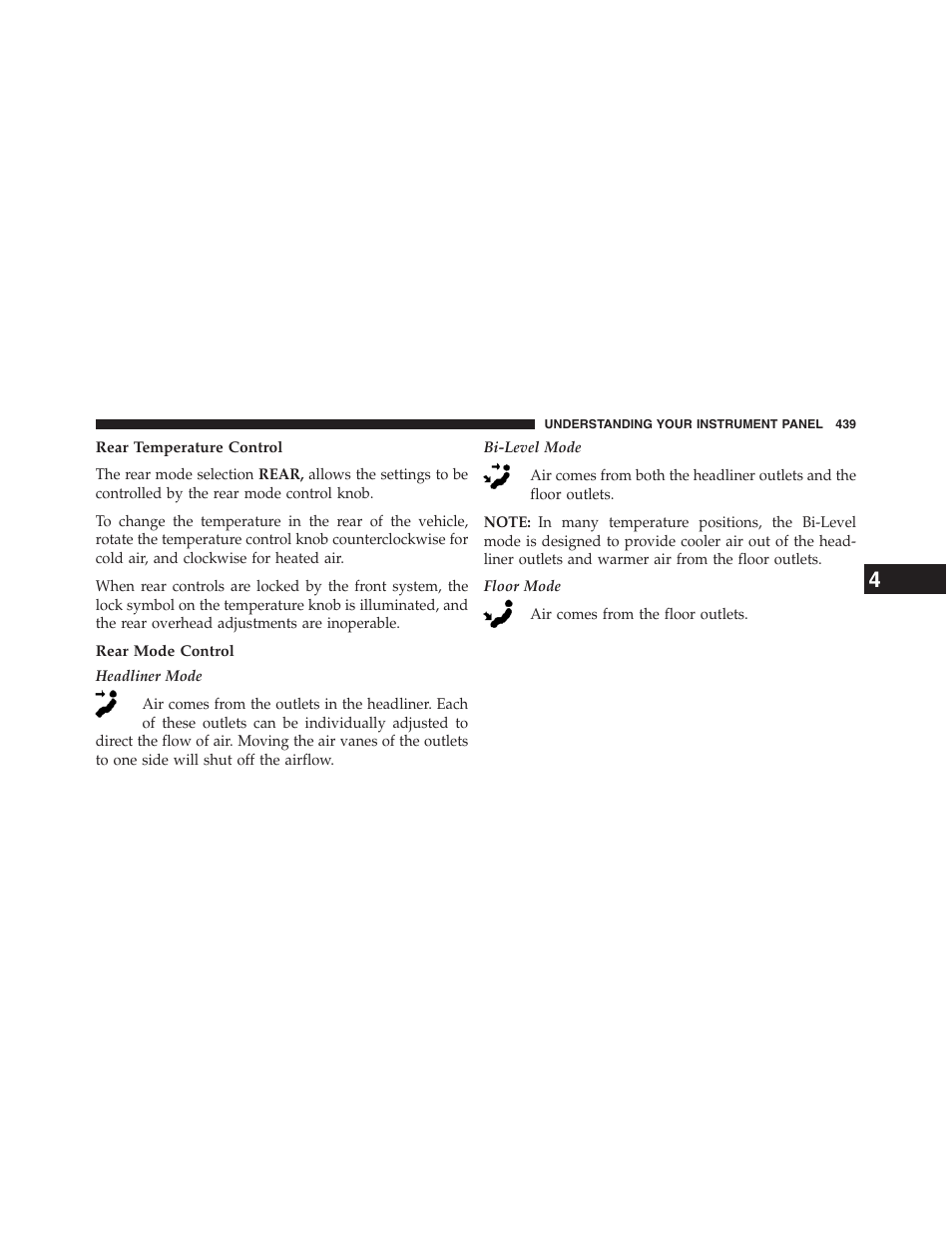 Rear temperature control, Rear mode control | Dodge 2013 Grand_Caravan - Owner Manual User Manual | Page 441 / 683