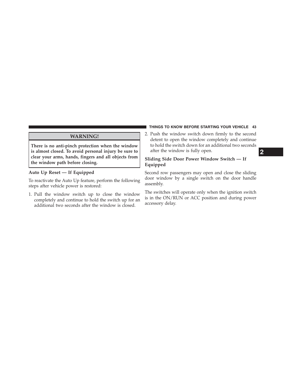 Auto up reset — if equipped | Dodge 2013 Grand_Caravan - Owner Manual User Manual | Page 45 / 683