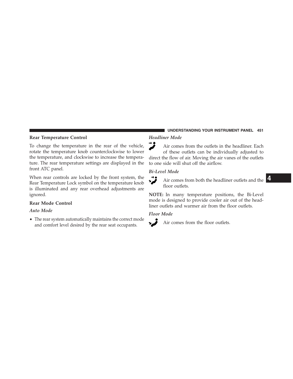 Rear temperature control, Rear mode control | Dodge 2013 Grand_Caravan - Owner Manual User Manual | Page 453 / 683