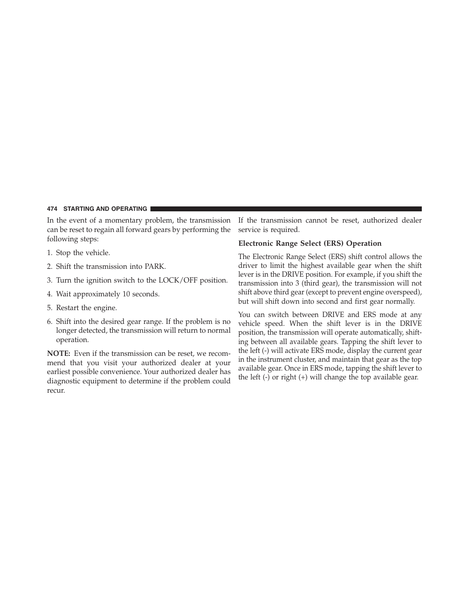 Electronic range select (ers) operation | Dodge 2013 Grand_Caravan - Owner Manual User Manual | Page 476 / 683