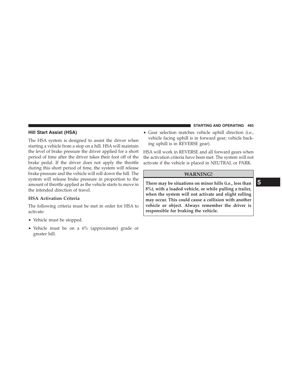 Hill start assist (hsa), Hsa activation criteria | Dodge 2013 Grand_Caravan - Owner Manual User Manual | Page 495 / 683