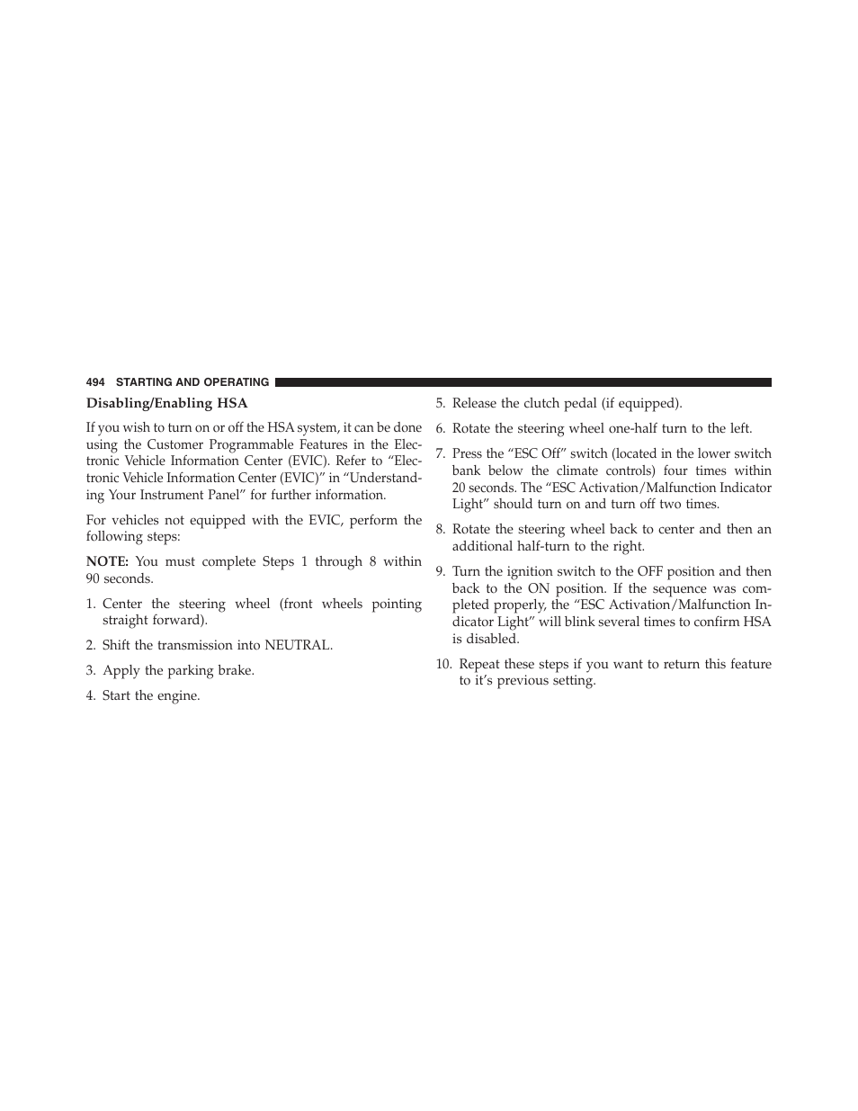 Disabling/enabling hsa | Dodge 2013 Grand_Caravan - Owner Manual User Manual | Page 496 / 683