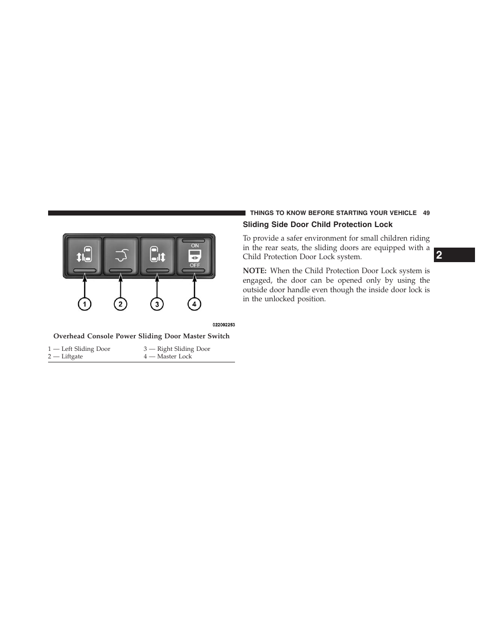 Sliding side door child protection lock | Dodge 2013 Grand_Caravan - Owner Manual User Manual | Page 51 / 683