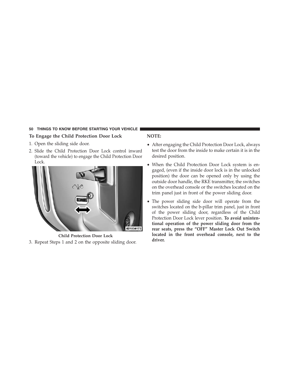 To engage the child protection door lock | Dodge 2013 Grand_Caravan - Owner Manual User Manual | Page 52 / 683