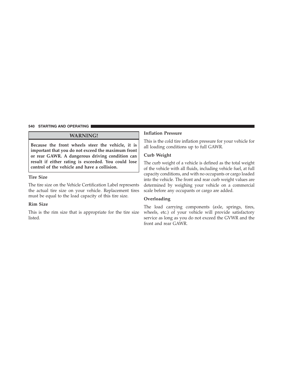 Tire size, Rim size, Inflation pressure | Curb weight, Overloading | Dodge 2013 Grand_Caravan - Owner Manual User Manual | Page 542 / 683