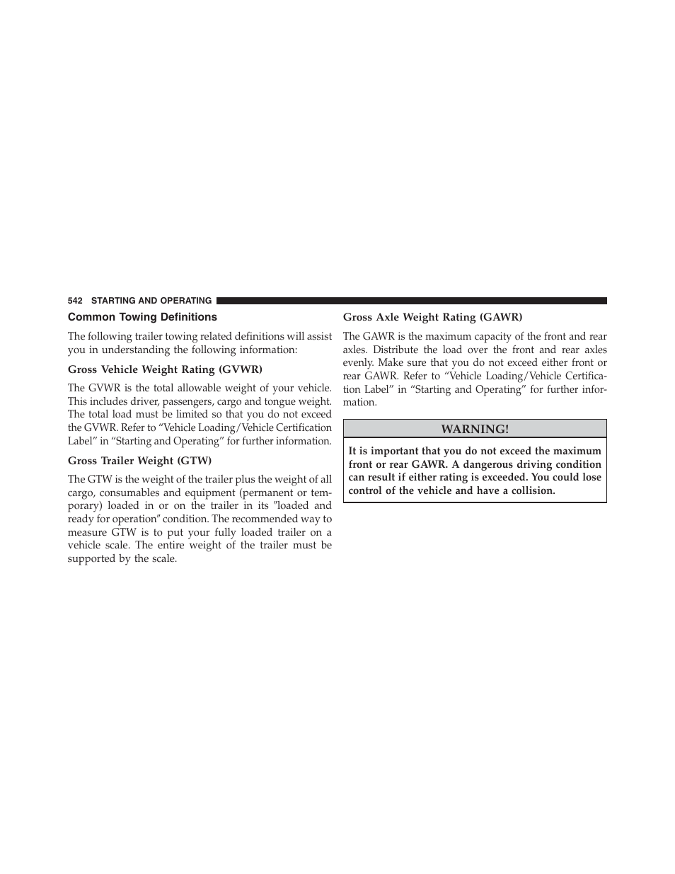 Common towing definitions, Gross vehicle weight rating (gvwr), Gross trailer weight (gtw) | Gross axle weight rating (gawr) | Dodge 2013 Grand_Caravan - Owner Manual User Manual | Page 544 / 683