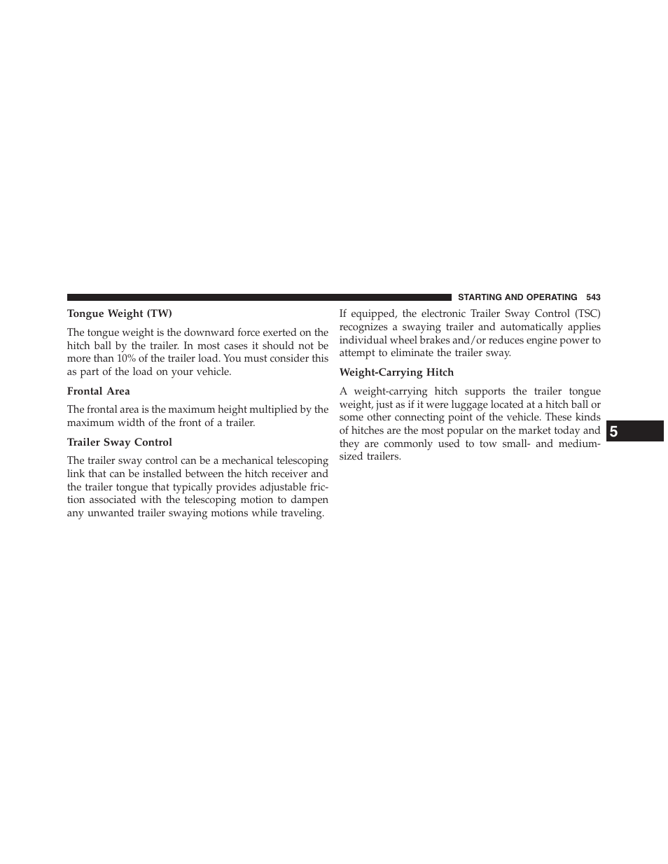 Tongue weight (tw), Frontal area, Trailer sway control | Weight-carrying hitch | Dodge 2013 Grand_Caravan - Owner Manual User Manual | Page 545 / 683