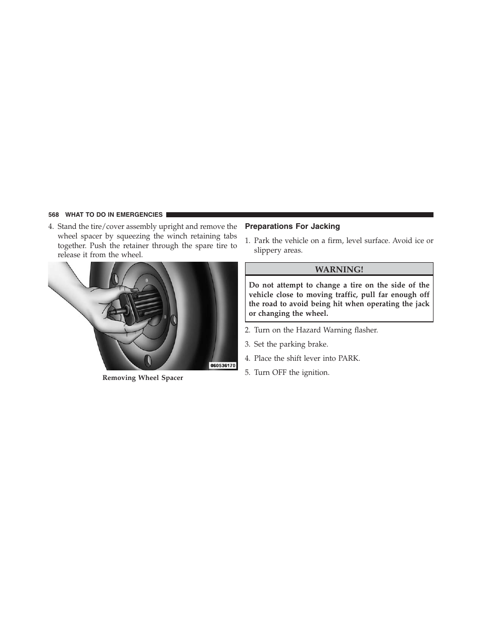 Preparations for jacking | Dodge 2013 Grand_Caravan - Owner Manual User Manual | Page 570 / 683