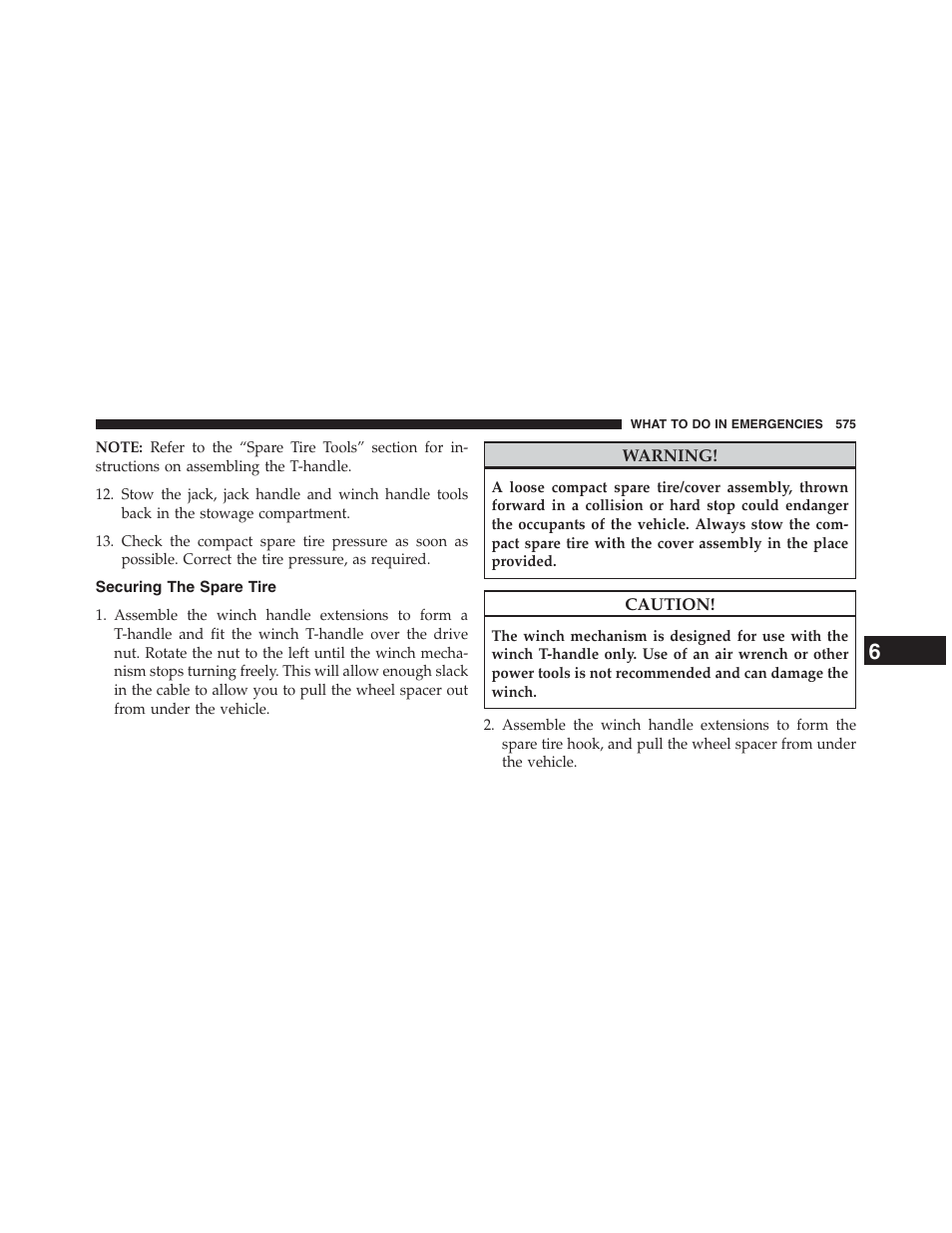 Securing the spare tire | Dodge 2013 Grand_Caravan - Owner Manual User Manual | Page 577 / 683