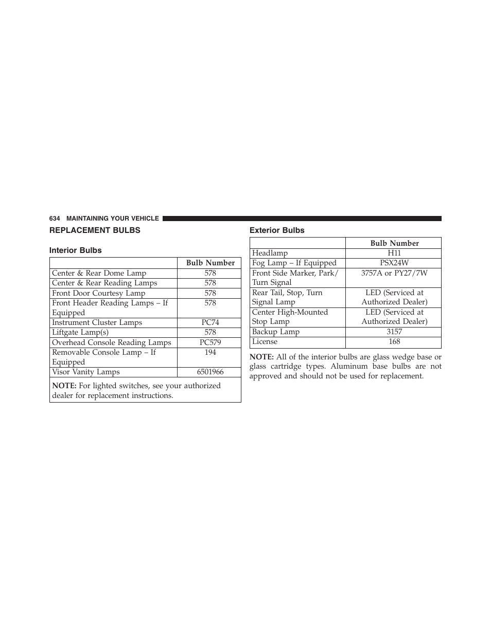 Replacement bulbs | Dodge 2013 Grand_Caravan - Owner Manual User Manual | Page 636 / 683