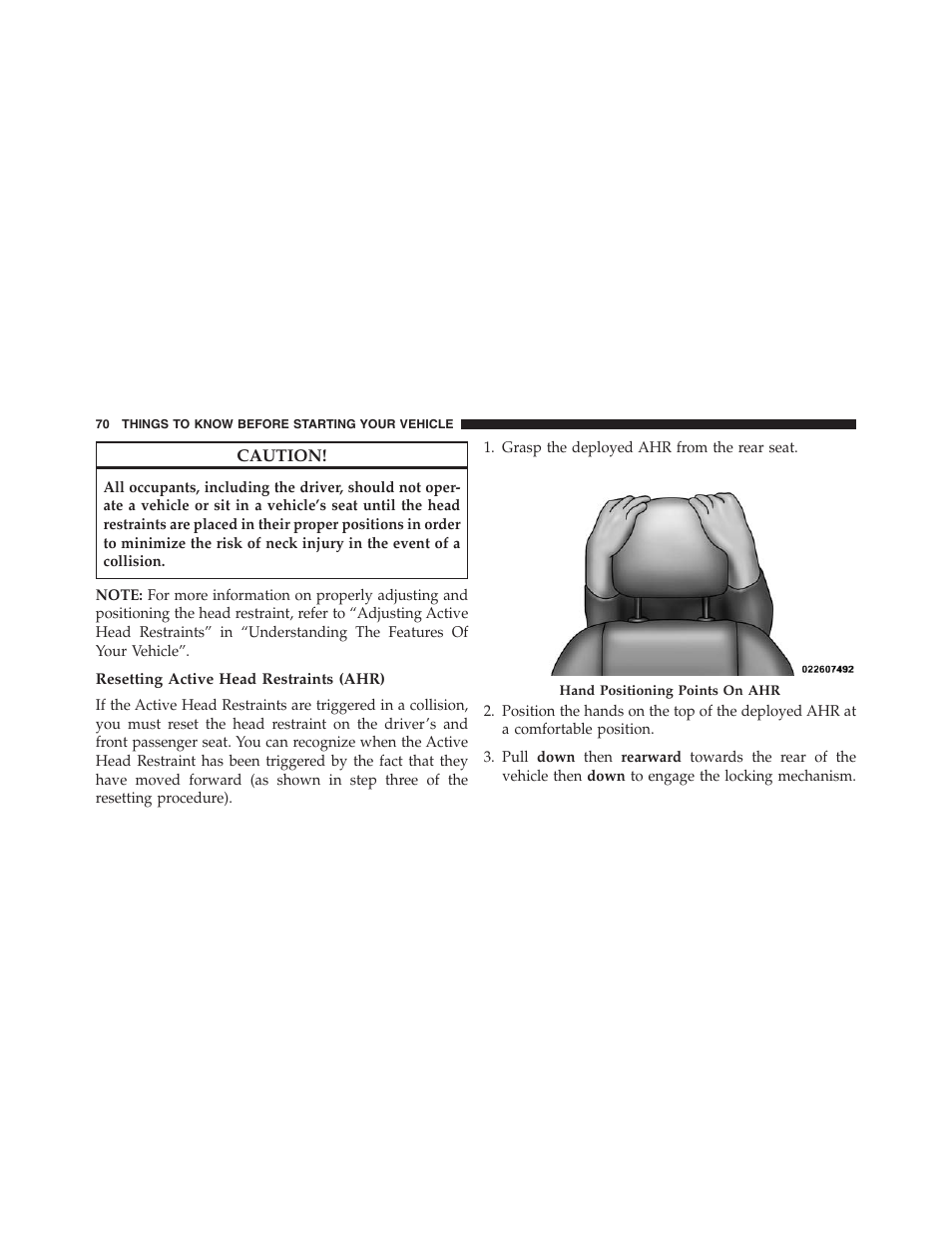 Resetting active head restraints (ahr) | Dodge 2013 Grand_Caravan - Owner Manual User Manual | Page 72 / 683